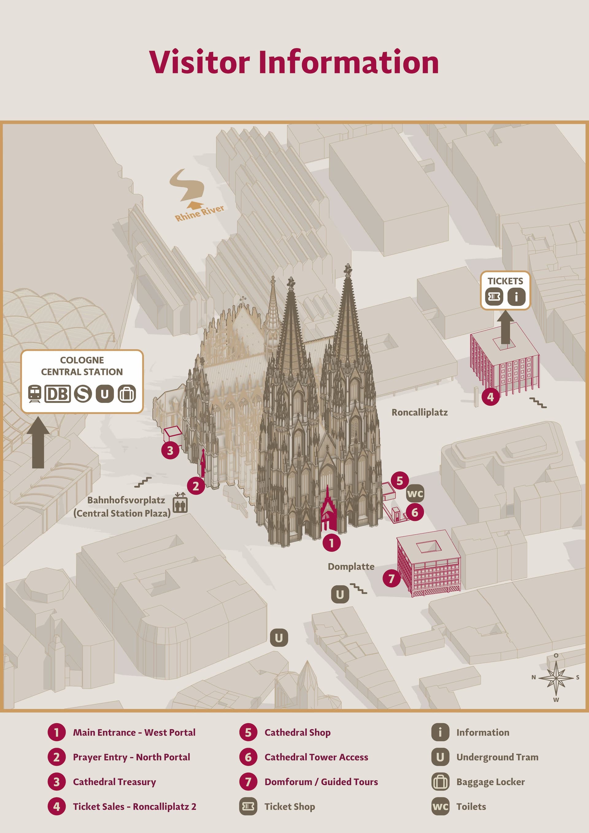 Site map of Cologne Cathedral showing numbered entrances, facilities and public transport connections