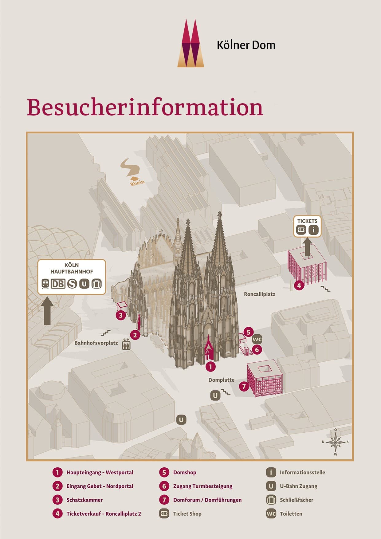Lageplan des Kölner Doms mit nummerierten Eingängen, Einrichtungen und Nahverkehrsanbindung